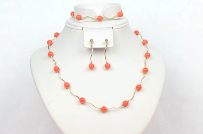 14k Yellow Gold Peach Coral 3pcs Set: Necklace, Bracelet, Earrings