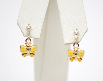 14k Solid Yellow Gold Enamel Butterfly Dangling Earring for Children
