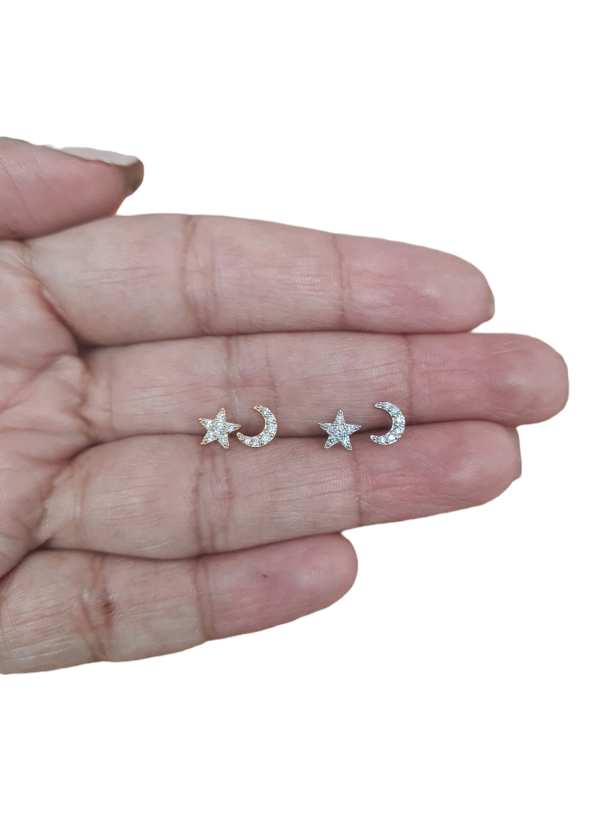 14K Yellow or White Gold CZ Star and Moon Earrings with Push Backs