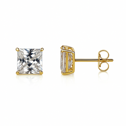 14k  White Gold Heavy Basket Square AAA Quality CZ Stud Earrings with Push Back