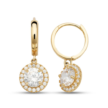 14k Yellow Gold Beautiful Halo Birthstone Round Shaped Huggie Earrings for Women