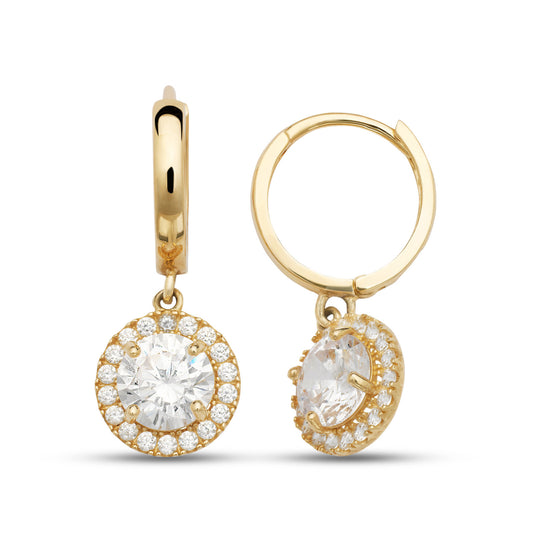 14k Yellow Gold Beautiful Halo Birthstone Round Shaped Huggie Earrings for Women
