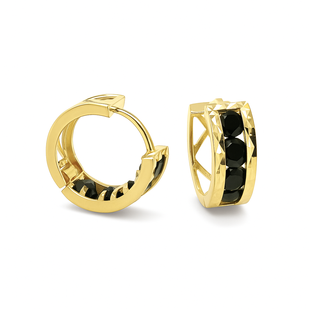 14k Yellow Gold Diamond Cut with Birthstone Huggie Earrings