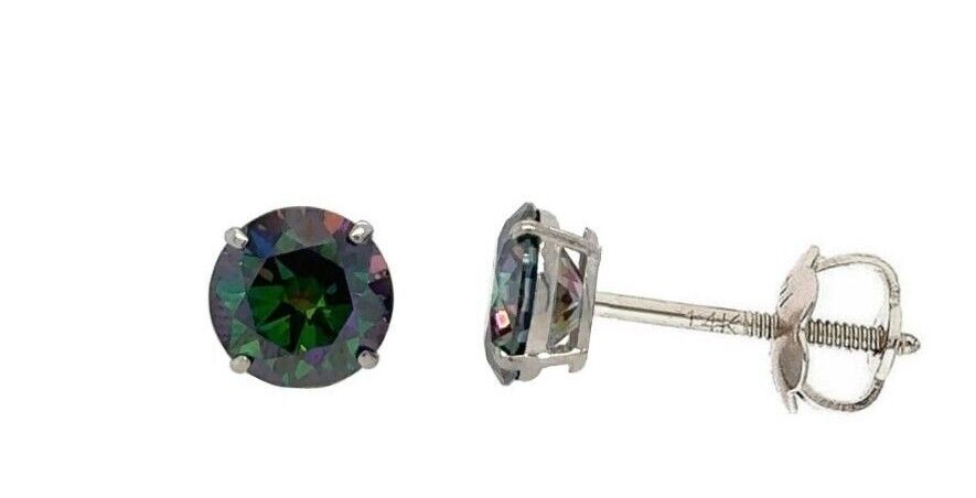 14K Gold GRA Certified D-VVS1 Rainbow Green Moissanite Screw Back Studs Earrings