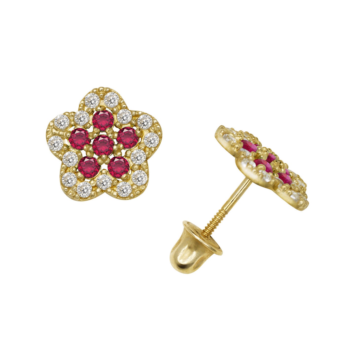 14k Yellow or White Gold CZ Flower Birthstone Stud Screw Back Earrings