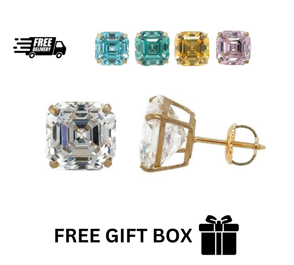 14K Yellow Gold Asscher Cut Stud Earrings Screw Back
