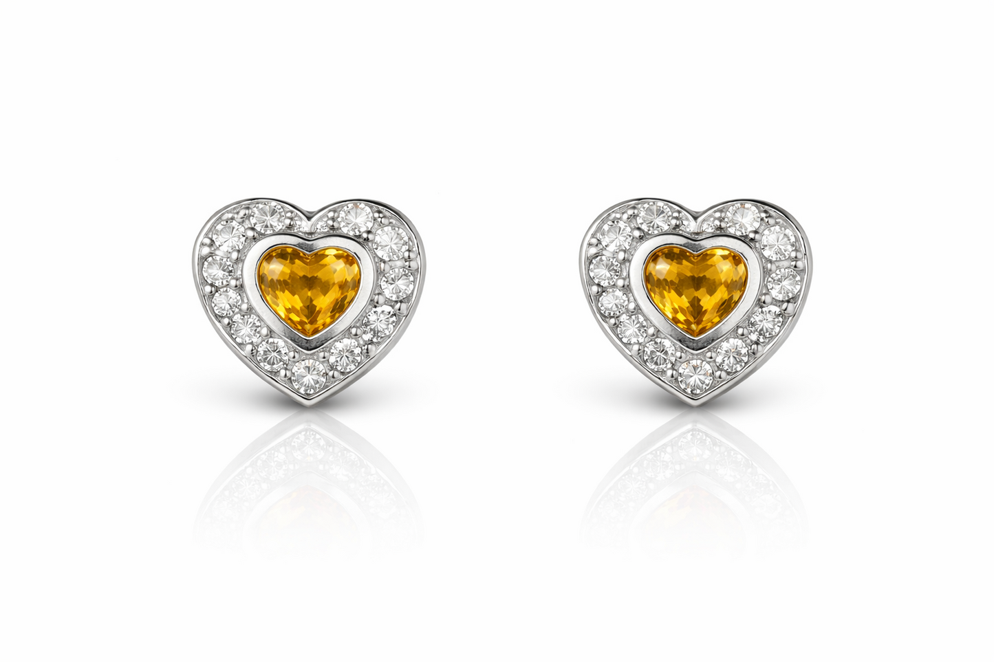 14k Solid White Gold Halo Heart Stud Earrings