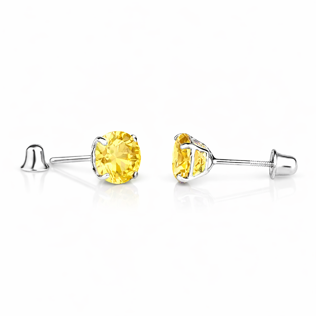 14K Solid White Gold 6mm Round Birthstone Stud Earrings with screw back