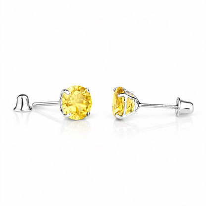 14K Solid White Gold 6mm Round Birthstone Stud Earrings with screw back