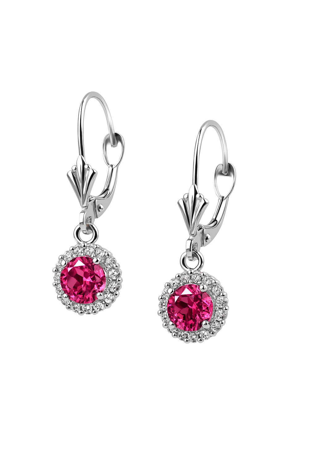 14k White Gold Halo Dangle Round Leverback Pierced Earrings Birthstone