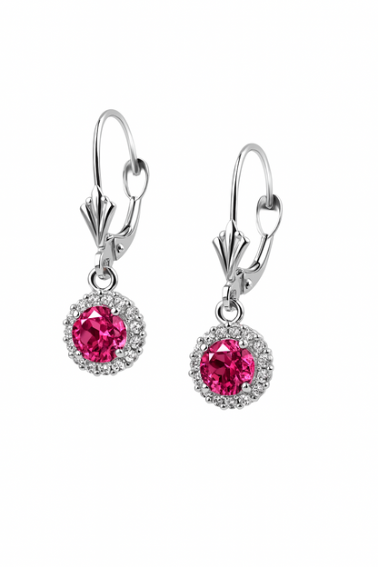 14k White Gold Halo Dangle Round Leverback Pierced Earrings Birthstone