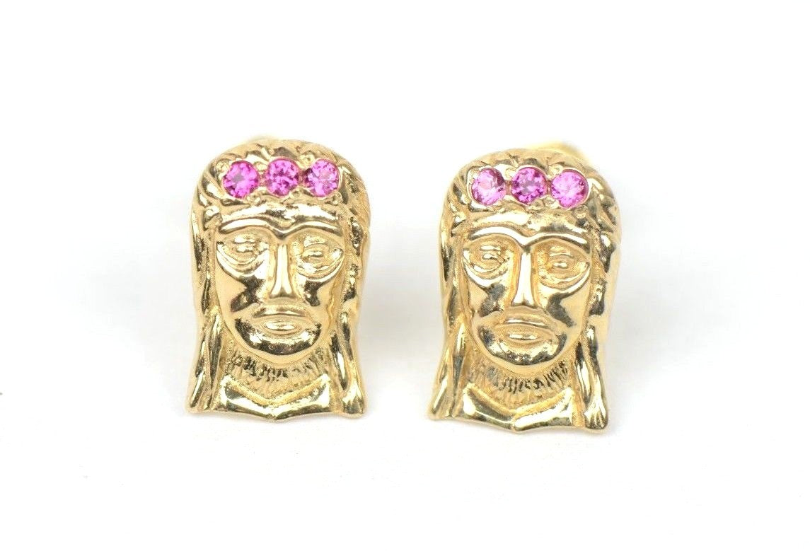 14k Yellow or White Gold Jesus Face CZ Stud Earrings