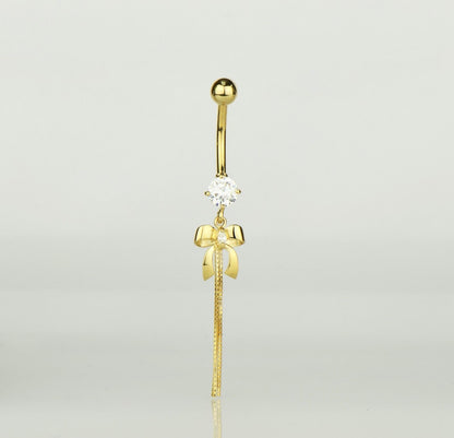 14k Yellow or White Gold Belly Button Dangle CZ Bow Tie Barbel Bar Ring