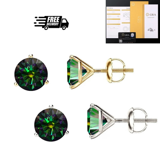 14K Gold GRA CertifiedD-VVS1 Rainbow Green Moissanite ScrewBack Stud Earrings