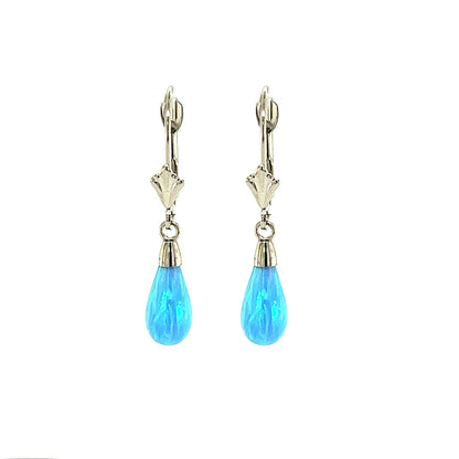 14k-Yellow and White Gold  Dangle Light Blue Opal Leverback Earrings