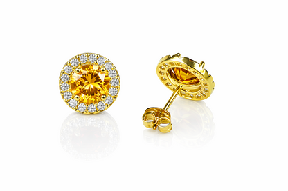 14K Solid Yellow Gold Round Halo CZ Stud Push Back Earrings