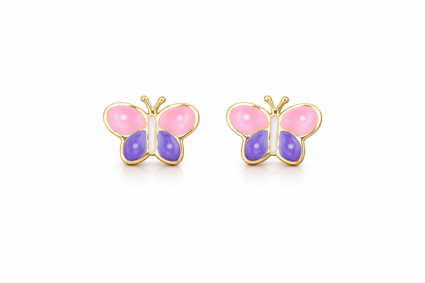 14k Yellow Gold Enamel Butterfly Baby earrings, Screw Back