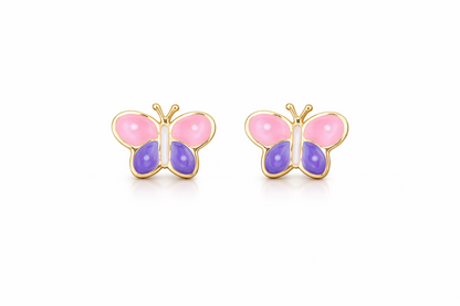 14k Yellow Gold Enamel Butterfly Baby earrings, Screw Back