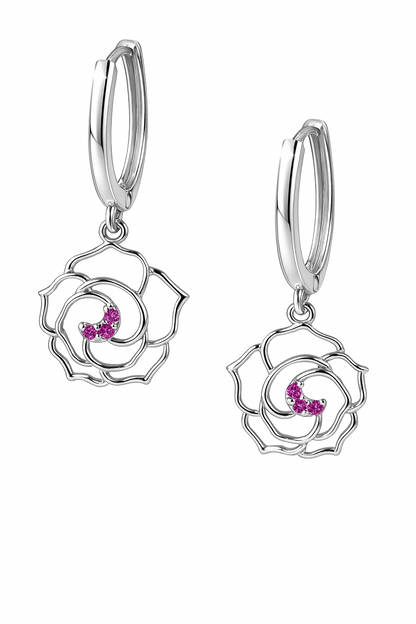 14k Yellow / White Gold Dangle CZ Flower Huggie Earrings