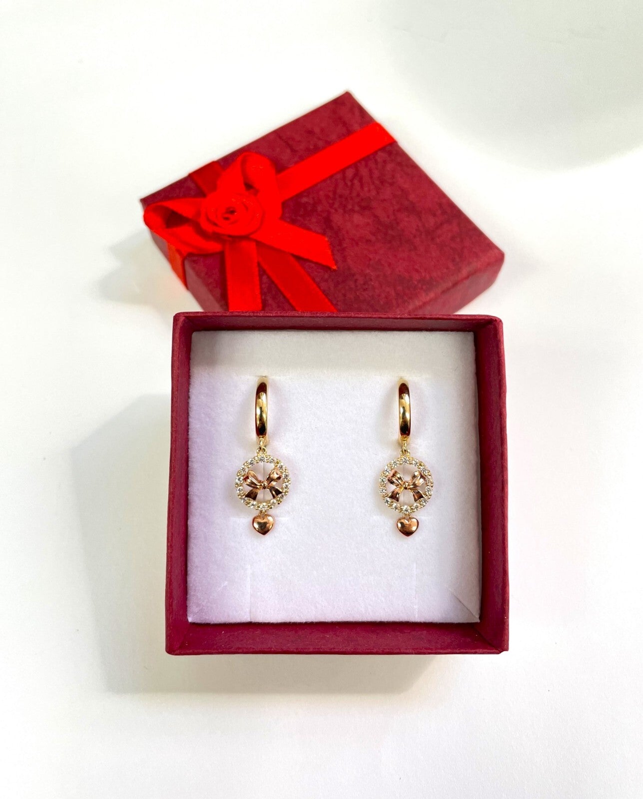 14k Yellow and Rose Gold Dangle Bow Hoop Huggie Earrings