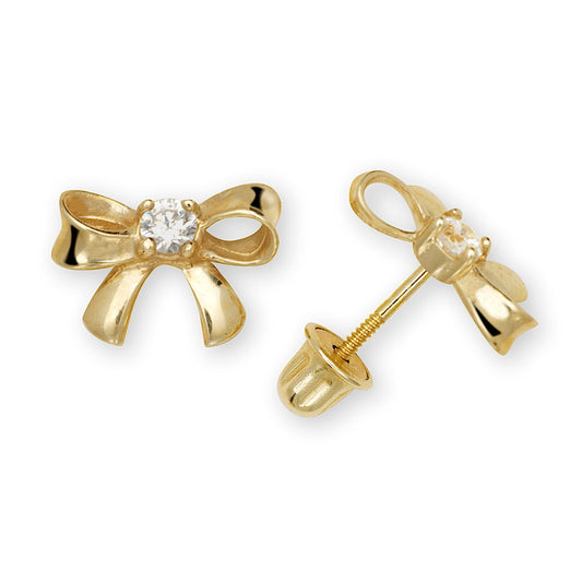 14K Yellow & White Gold Unique CZ Bow Post Earrings for Women