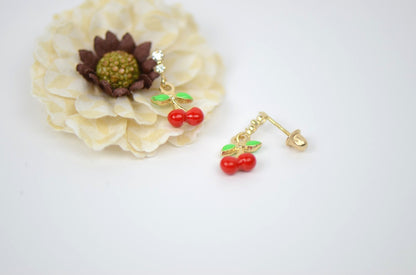 14K Solid Yellow Gold Cherry Enamel CZ Dangle Earrings