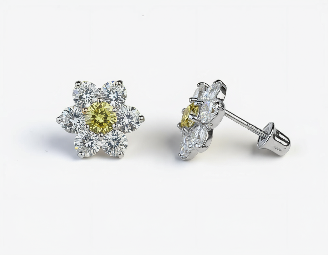 14k White Gold Beautiful Flower Shaped Stud Screw Back Earrings for Women