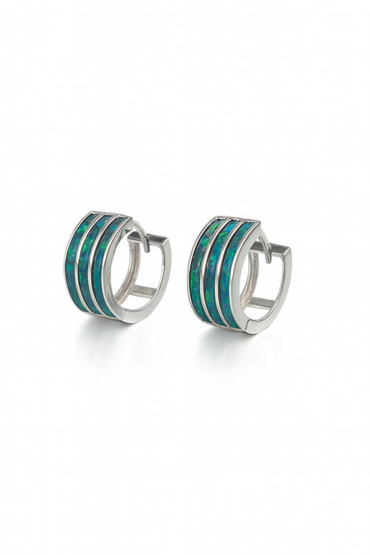 14k White Gold Triple Row Dark Green Opal Huggie Hoop Earrings
