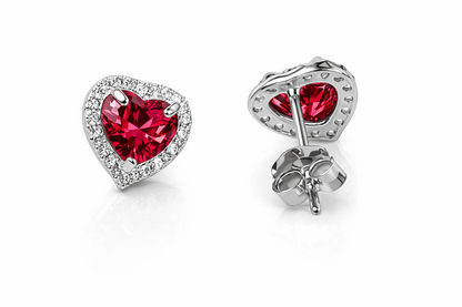 14k Solid White Gold Halo Heart Stud Earrings