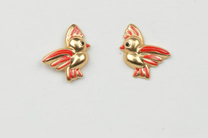 14k Yellow Gold Beautiful Enamel Bird Baby Earrings, Screw Back