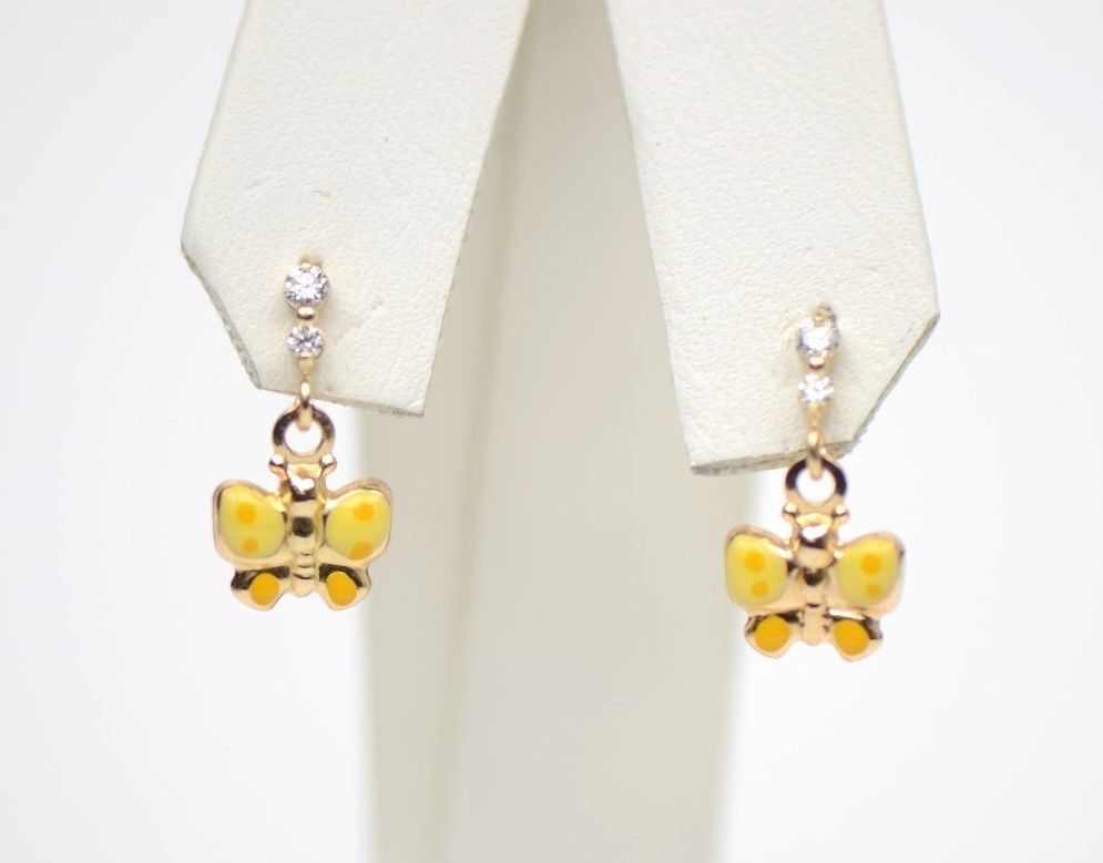 14K Solid Yellow Gold Butterfly Dangle Earring with Enamel