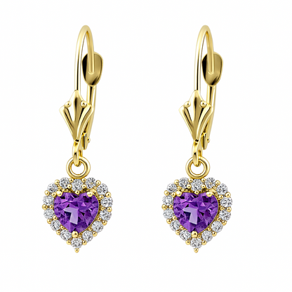 14k White Gold Halo Dangle Heart Leverback Pierced Earrings Birthstone