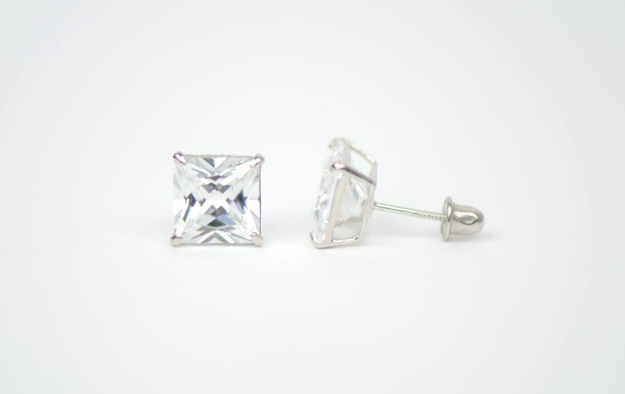 14k White Gold Square Princess Cut CZ Stud Earrings with screw back 3-7mm