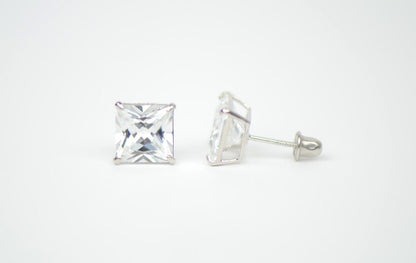 14k White Gold Square Princess Cut CZ Stud Earrings with screw back 3-7mm