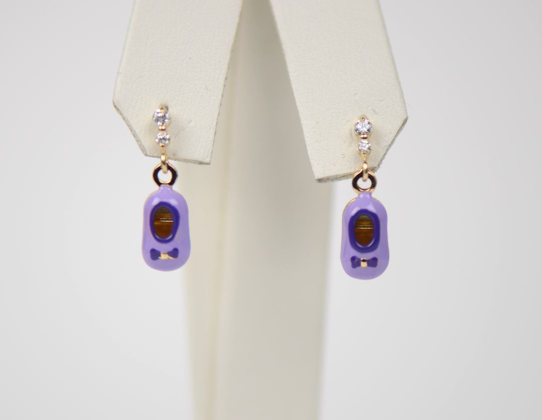 14K Solid Yellow Gold Baby Shoe Enamel Dangle Screw Back Earrings