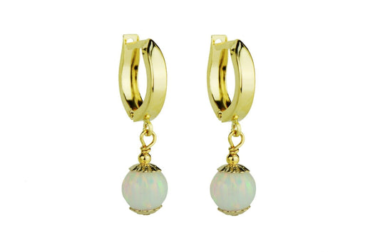 14k Yellow Gold  white Opal Huggie Dangle Earrings