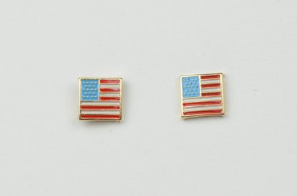 14K Yellow Gold American Flag Stud Earrings with Enamel