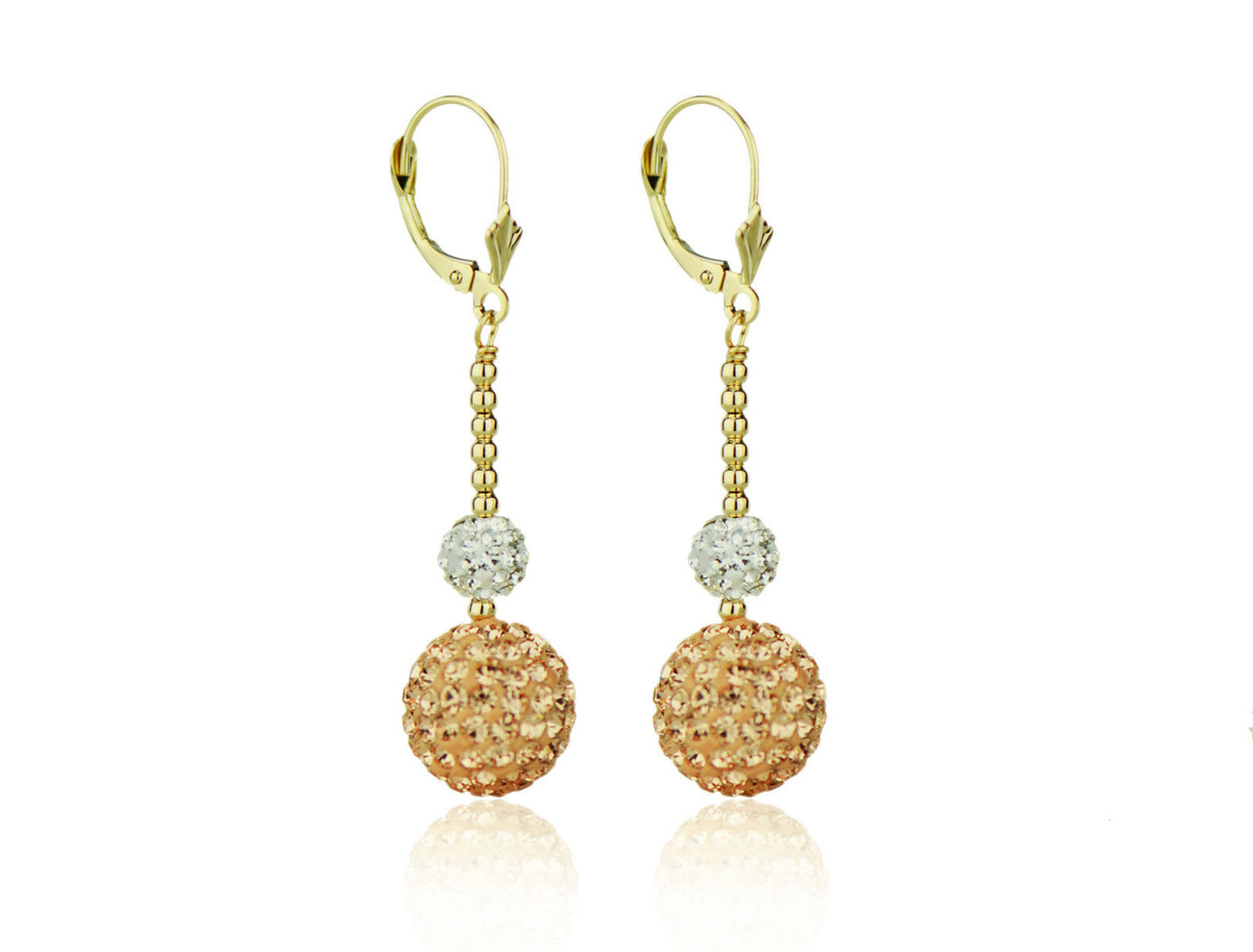 14K Yellow Gold Lever Back Dangle Ball Earrings with Genuine Czech Crystals.