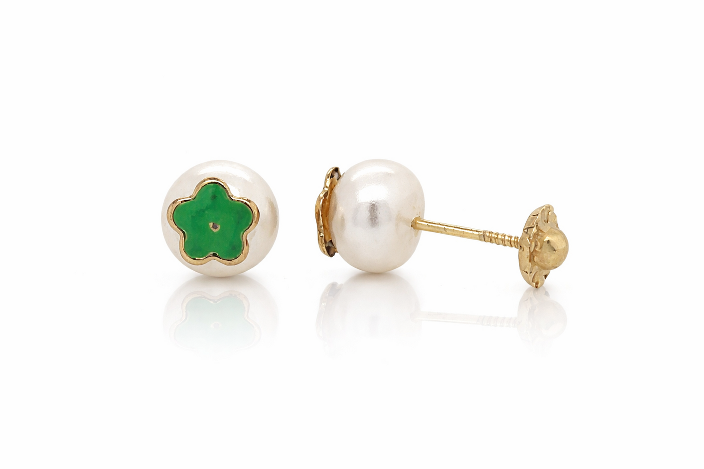 14k Yellow Gold Enamel Flower With Genuine Pearl Screw Back Stud Earrings