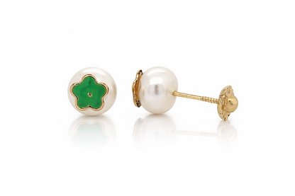 14k Yellow Gold Enamel Flower With Genuine Pearl Screw Back Stud Earrings