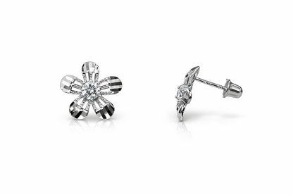 14k White Gold Flower Stud CZ Earrings