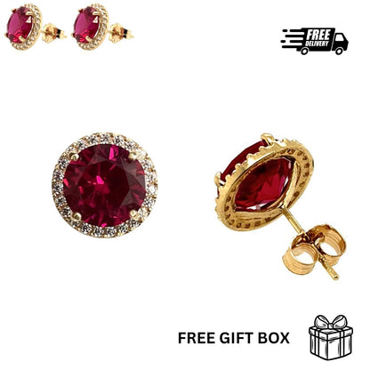 14K Solid Yellow Gold Halo Stud Push Back Earrings