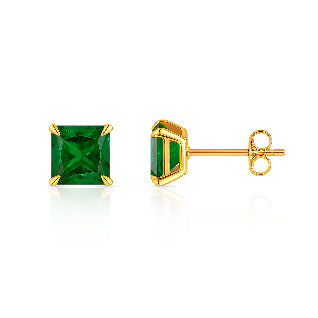 14k Yellow Gold Solid Square Princess Cut Birthstone 6MM CZ Stud Earrings