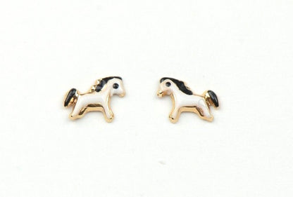 14k Yellow Gold Baby Enamel Horse earrings with Screw Back