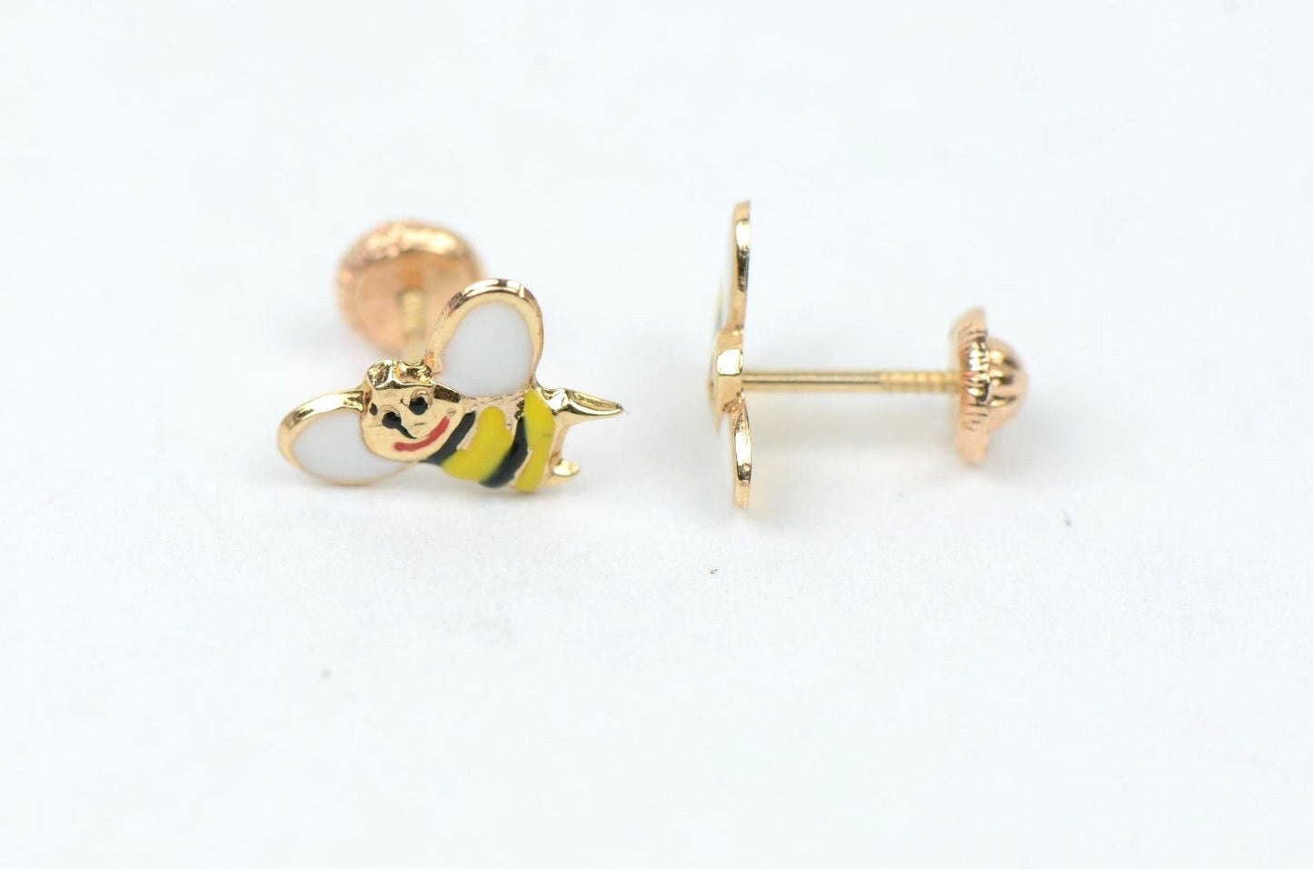 14k Yellow Gold Baby Beautiful Enamel Bee earrings with Screw Back