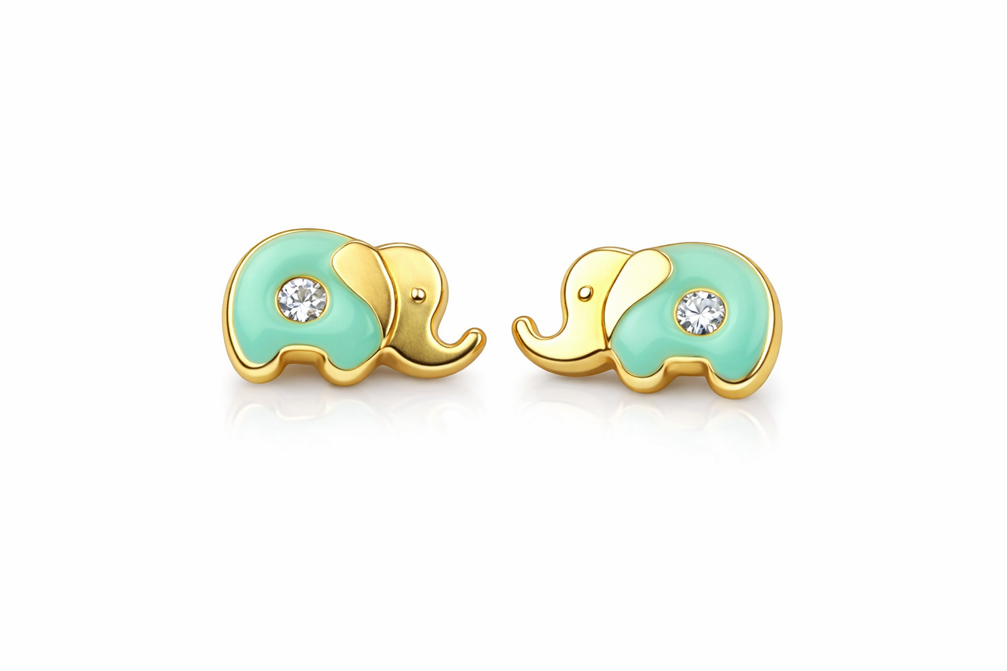 14k Yellow Gold Baby Enamel and CZ Elephant earrings, Screw Back