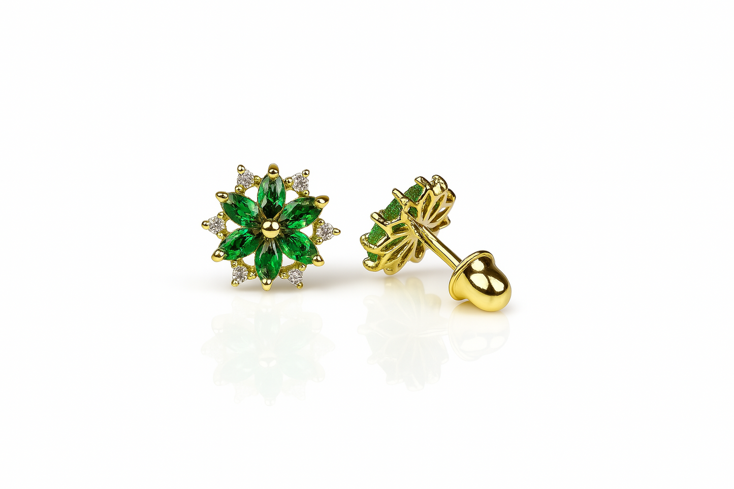 14K  Yellow Gold Beautiful CZ Flower Stud Earrings for Women