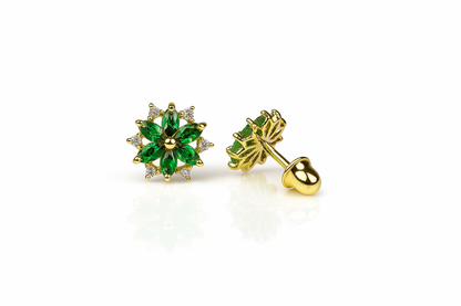 14K  Yellow Gold Beautiful CZ Flower Stud Earrings for Women
