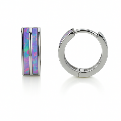 14k Yellow/White Gold Double Row Purple Opal Huggie Hoop Earrings