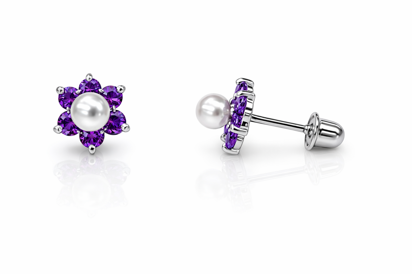 14k Yellow or White Gold Flower CZ Stud Earrings White Pearl with Screw Back